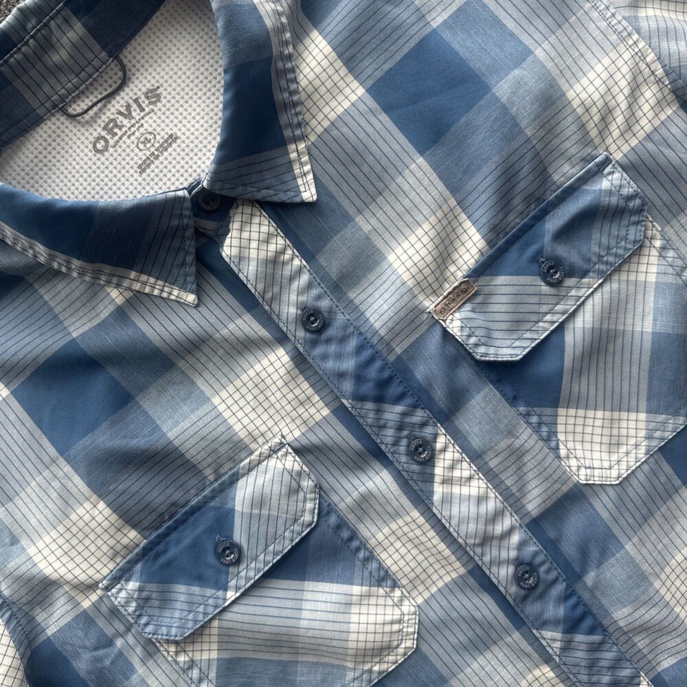 ORVIS Classic Collection Shirt Mens XL Short Sleeve Plaid Captain Blue White